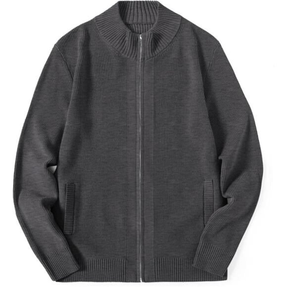 Mens Zip Up Cardigan Sweater Slim Fit Knit Full Zip Stand Collar Casual Sweater - Picture 6 of 7